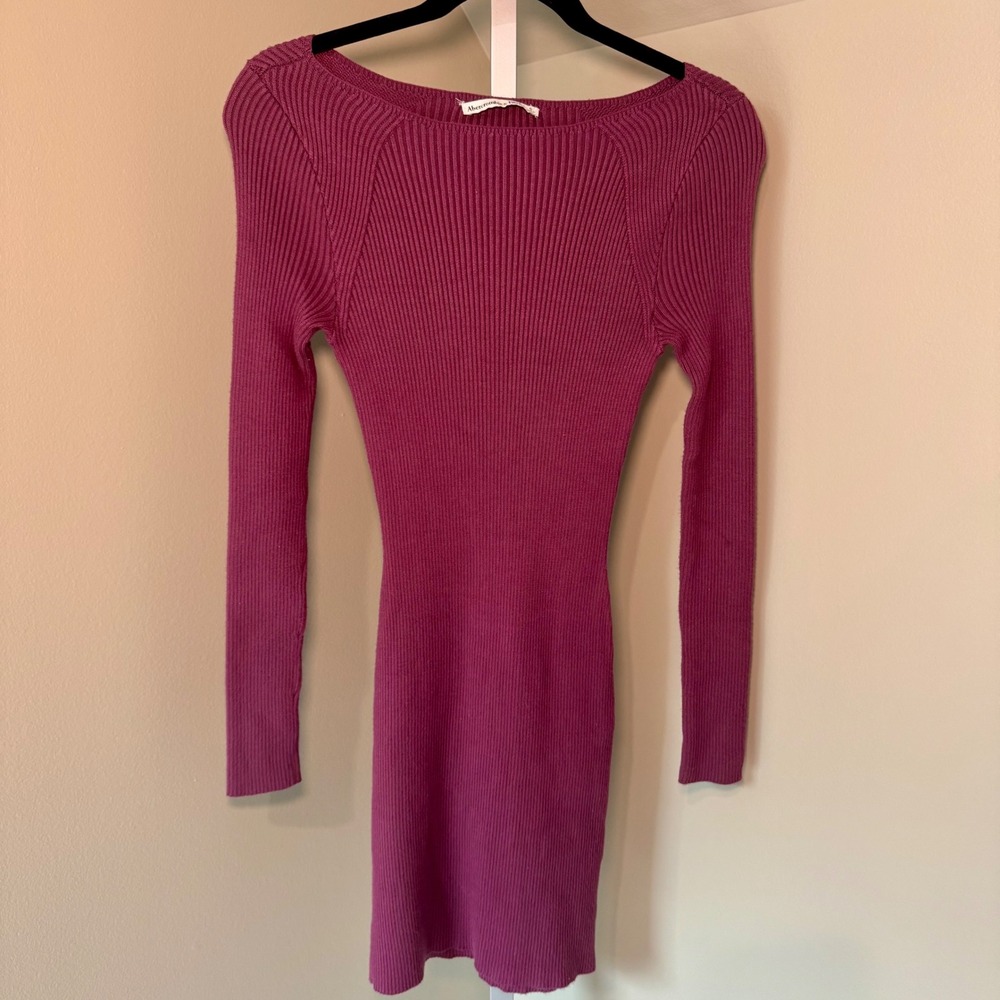 Abercrombie & Fitch Womens Berry Ribbed Knit Boat Neck Long Sleeve Mini Dress S